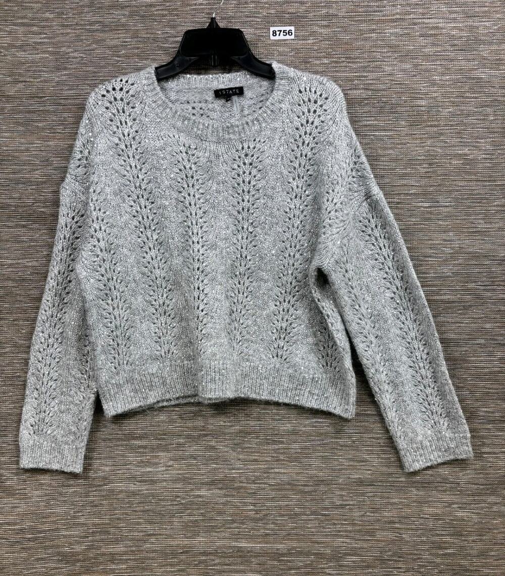 1.State Sequin Pointelle Knit Sweater Womens Size M Gray Long Sleeve Crew-Neck